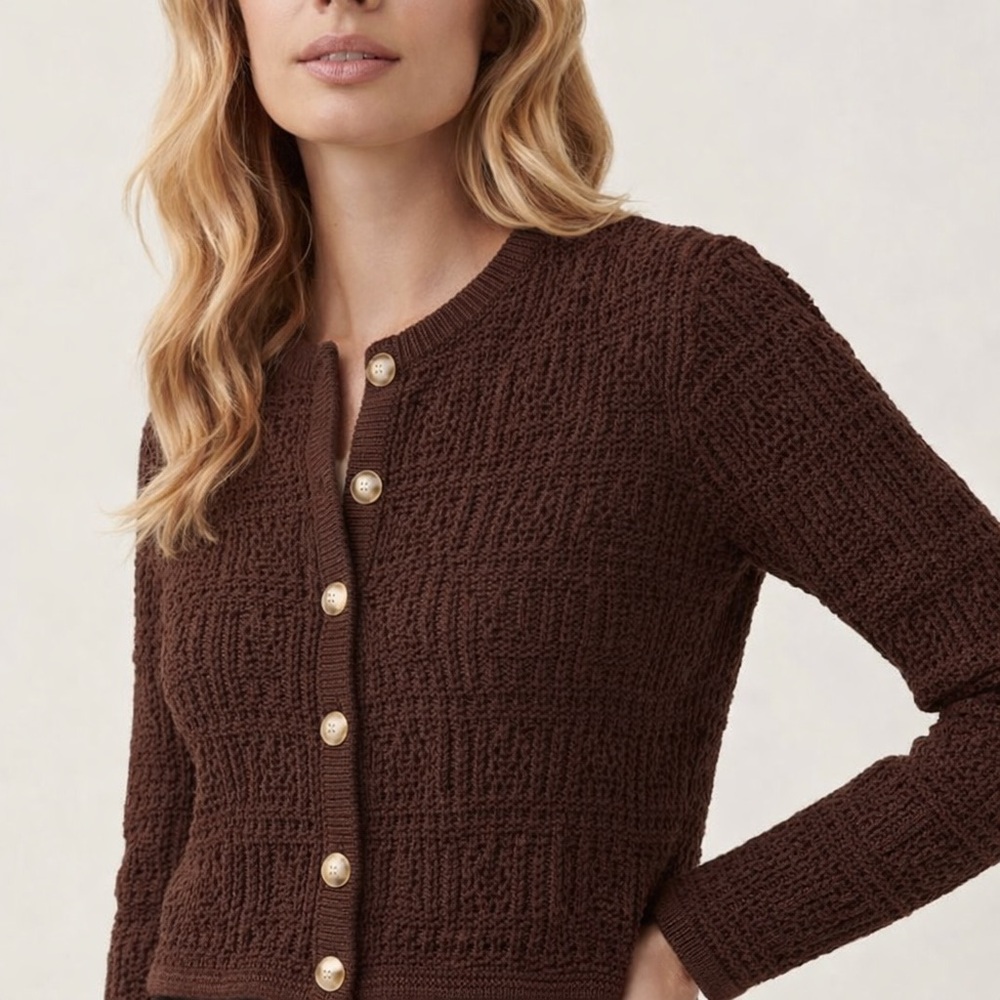 Magaschoni Pointelle Crochet Cardigan Brown S NWT